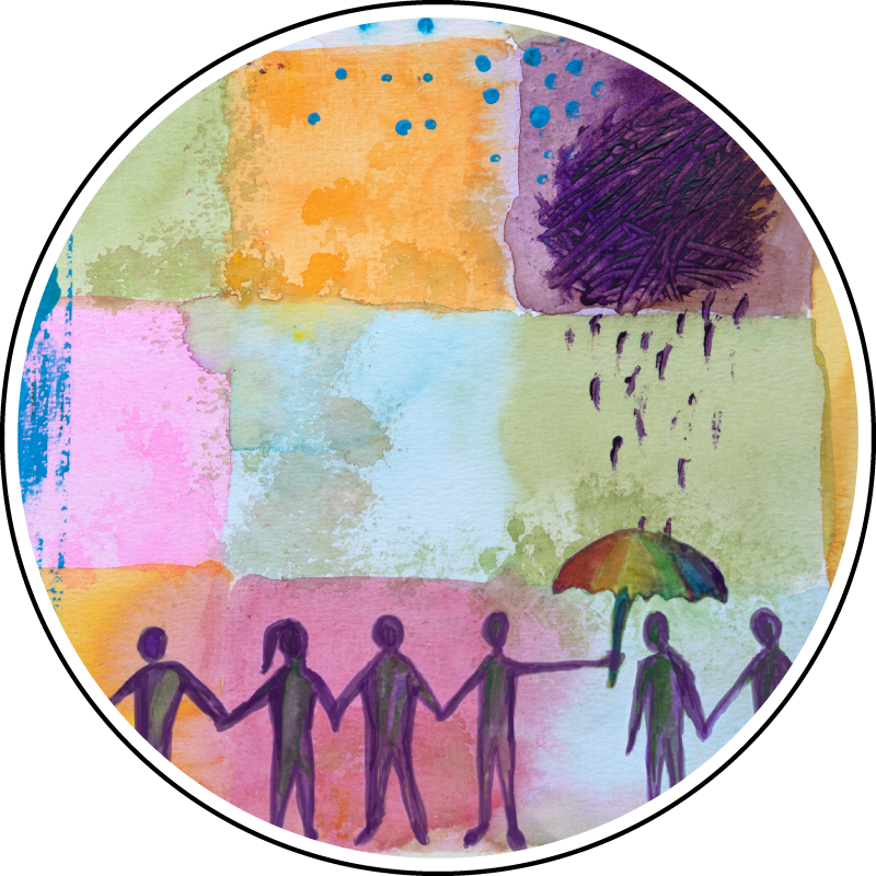 Un motif de patchwork composé d'aquarelles représentant des personnages se tenant la main, l'un d'eux tenant un parapluie sous la pluie.